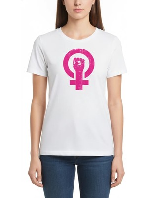 8 Mart Dünya Kadınlar Günü Baskılı Oversize Bisiklet Yaka T-Shirt - Beyaz