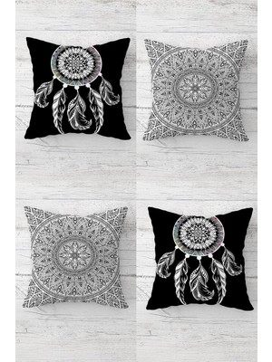 Gndz Home Pelangi Dream Catcher Desenli Etnik Gizli Fermuarlı Kırlent Kılıfı Koltuk Yastık Kılıfı TAKIM(4ADET), Gri-Siyah 45 x 45