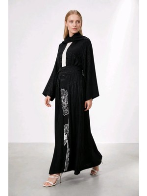 DARKWIN Kadın Siyah Kendinden Jakarlı Kuşaklı Uzun Kimono Elbise Çiçek Baskılı Pantolon Takım