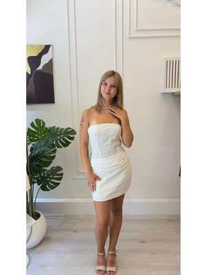 Shın Butik Shın Straplez Simli Korse Detaylı Beyaz Elbise