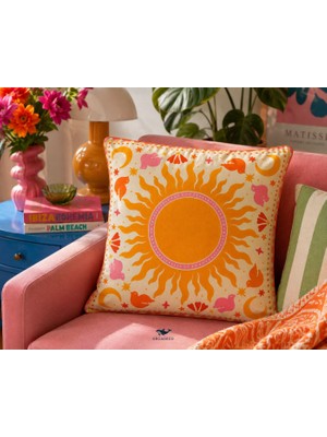 Orcadeco Sun & Moon Güneş Ay ve Kuş Desenli Turuncu Pembe Bohem Dekoratif Kırlent Kılıfı