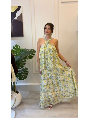 Shın Butik Shın Limon Desenli Kat Kat Volanlı Maxi Elbise