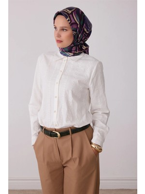Belli Mor Soyut Desen %100 Twill Ipek Eşarp 4417-84