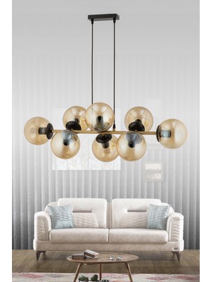 Avimon Aydınlatma Cross 8'li Eskitme Bal Rengi Glob Camlı Modern Sarkıt Avize Oturma Odası Salon