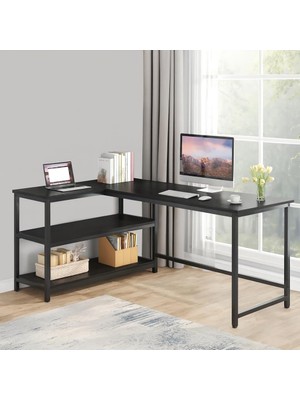 8915 140CM L Masa Çalışma Masası Ofis Masası Yazı Masası Kitaplıklı Masa Siyah