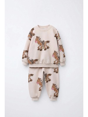 Magu Çocuk Desenli Bej Sweatshirt ve Eşofman Altı Takımı
