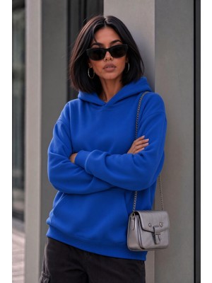 Oksit Bery Kadın Iki Iplik Şardonlu Oversize Kapüşonlu Basic Sweatshirt | Kanguru Cepli Düz Renk Günlük Hoodie