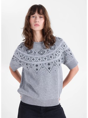 Fabrika Gri Kadın Bisiklet Yaka Regular Fit Desenli Triko T-SHIRTF6WL-KZK0017
