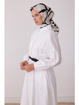 Belli Beyaz Soyut Desen %100 Twill Ipek Eşarp 4429-31