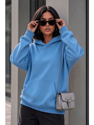 Oksit Bery Kadın Iki Iplik Şardonlu Oversize Kapüşonlu Basic Sweatshirt | Kanguru Cepli Düz Renk Günlük Hoodie