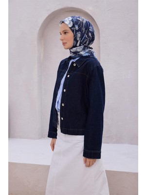 Belli Fresh Çiçek Desen Lacivert Mavi Ekru Vual Eşarp 1687 - 45
