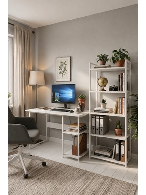 Ayz Kitaplıklı Çalışma Masası Seti 5 Raflı Kitaplık Bilgisayar Masası Laptop Masası Ofis Öğrenci Ders Masası  Vien Beyaz Beyaz