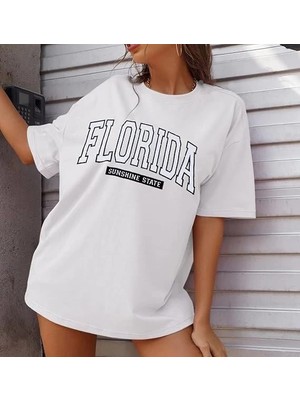 Kadın Kısa Kol Yazlık Tişört Bisiklet Yaka Florıda Baskılı T-Shirt - Beyaz