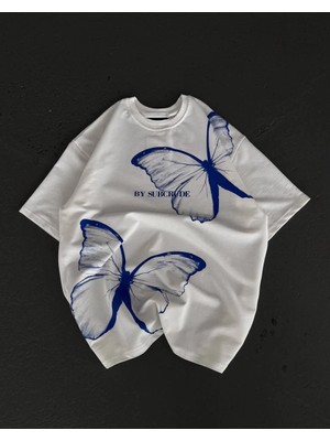 Kadın  Bisiklet Yaka Baskılı Oversize T-Shirt - Beyaz