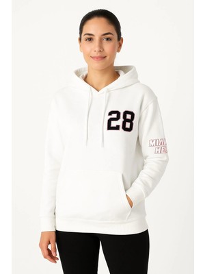 Kadın Kapüşonlu Kanguru Cepli Sweatshirt 3 Iplik Pamuklu Baskılı Hoodie - Beyaz