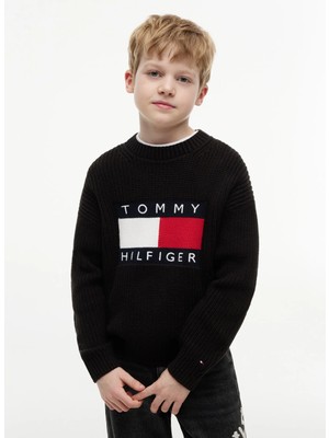 Tommy Hilfiger Siyah Erkek Çocuk Bisiklet Yaka Regular Fit Işlemeli Kazak KB0KB10071-HERITAGE Flag Sweater
