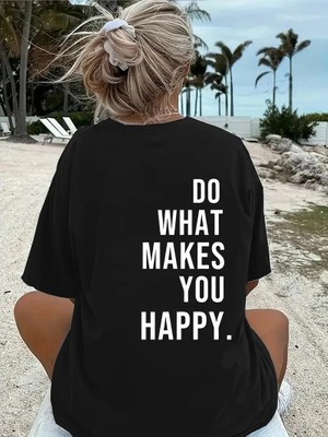 Kadın Kısa Kol Yazlık Tişört Bisiklet Yaka Baskılı Oversize T-Shirt - Siyah