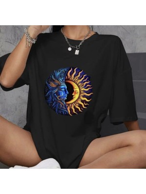 Kadın Baskılı T-Shirt Kısa Kol Bisiklet Yaka Oversize Rahat Kalıp Günlük Tişört   - Siyah