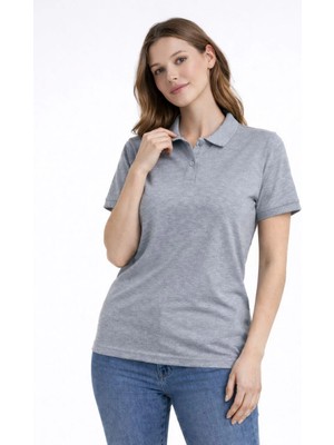Kadın Polo Yaka Tişört Pike Kumaş Kısa Kol Regular Fit Yazlık T-Shirt - Gri
