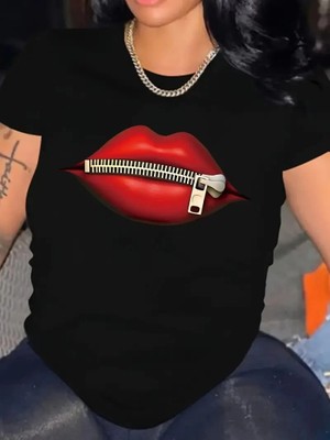 Kadın Kısa Kol Yazlık Tişört Bisiklet Yaka Dudak Baskılı T-Shirt - Siyah