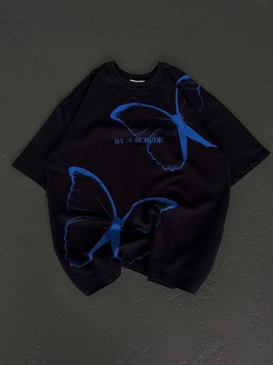 Kadın Bisiklet Yaka Baskılı Oversize T-Shirt - Siyah