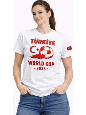 Kadın Türkiye World Cup 2026 Baskılı Tişört Futbol Temalı Forma T-Shirt - Beyaz
