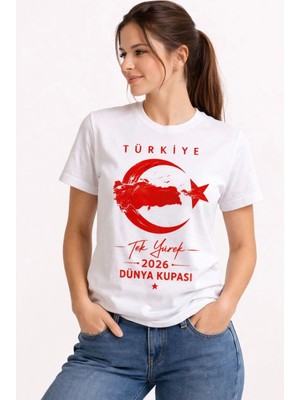 Kadın Türkiye Ay Yıldız 2026 Dünya Kupasi Taraftar Forma T-Shirt - Beyaz
