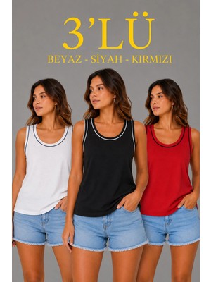 Kadın 3 Lü Kolsuz Sporcu Atlet Seti Yazlık Bisiklet Yakalı - Beyaz, Siyah, Kırmızı