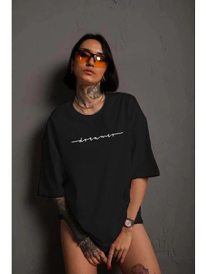 Kadın Bisiklet Yaka Baskılı Kısa Kol T-Shirt - Siyah
