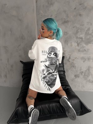 Kadın Kısa Kol Tişört Bisiklet Yaka Filistin Poşülü Baskılı T-Shirt - Beyaz