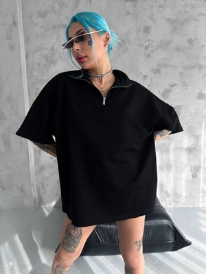 Kadın Yarım Fermuarlı Tişört kısa Kol T-Shirt - Siyah