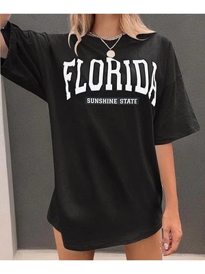 Kadın Kısa Kol Yazlık Tişört Bisiklet Yaka Florıda Baskılı T-Shirt - Siyah