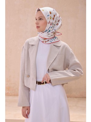 Belli Beyaz Obje Desen %100 Twill Ipek Eşarp 4121 - 02