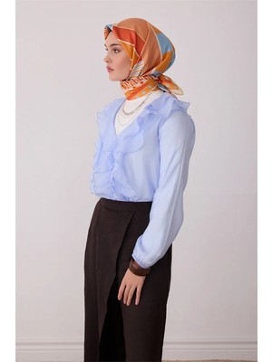 Belli Turuncu Geometrik Desen %100 Twill Ipek Eşarp 4401-80