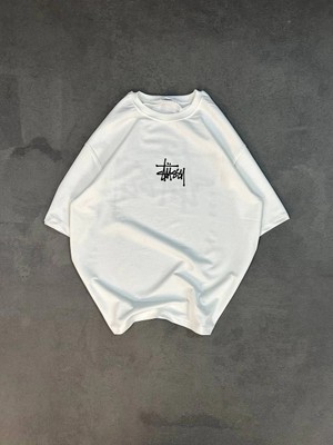Kadın Bisiklet Yaka Baskılı Oversize  Kısa Kol T-Shirt - Beyaz