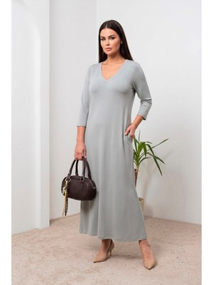 Koza Butik Kadın Büyük Beden Truvakar Kol V Yaka Uzun Elbise 5475-26