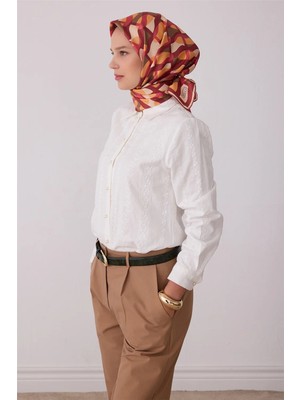 Belli Somon Geometrik Desen %100 Twill Ipek Eşarp 4420-02