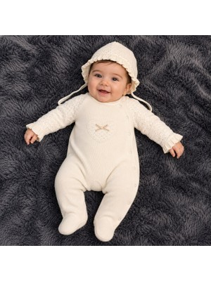 Mummys Love Kız Bebek Güpürlü Tulum ve Şapka - %100 Pamuk - Ekru