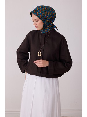 Belli Petrol Geometrik Desen %100 Twill Ipek Eşarp 4407-01