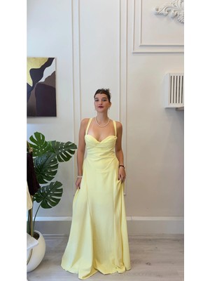 Shın Butik Shın Sarı Sırt Bağlamalı Askılı Uzun Abiye Elbise