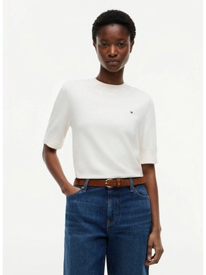 Tommy Hilfiger Ekru Kadın Bisiklet Yaka T-Shirt WW0WW49705Z00