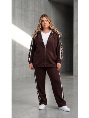 Koza Butik Kadın Büyük Beden Uzun Kollu Kapüşonlu Leopar Detaylı Eşofman Takımı 8284-26