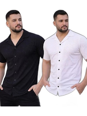 Zamerya Erkek Waffle Kumaş Açık Yakalı Düğmeli Regular Fit Gömlek 2’li Set Siyah-Beyaz