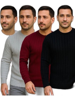Zamerya Erkek Fitilli Triko Bisiklet Yaka Kalın Kazak 4'lü Set Beyaz-Bordo-Gri-Siyah