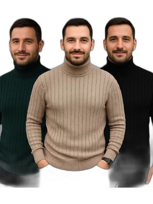 Zamerya Erkek Fitilli Kazak Tam Boğazlı Balıkçı Yaka Triko 3'lü Set  Bej-Haki-Siyah