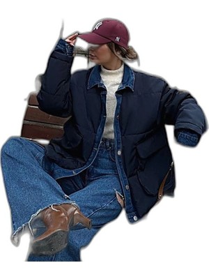 Zamerya Kadın Jeans Detaylı Cıtcıtlı Ceket Mont - Lacivert