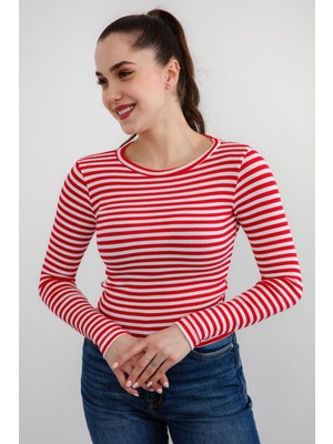 Lafaba Kadın Ekru-Kırmızı Fitilli Uzun Kollu Crop Bluz