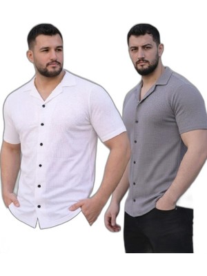 Zamerya Erkek Waffle Dokuma Kumaş Açık Yakalı Düğmeli Gömlek 2’li Set Beyaz-Gri