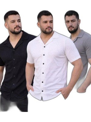 Zamerya Erkek Waffle Kumaş Yazlık Yakalı Kısa Kol Düğmeli Gömlek 3’lü Set Siyah-Beyaz-Gri