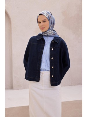 Belli Fresh Çiçek Desen Mavi Lacivert Ekru Vual Eşarp 1687 - 17